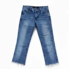 【裾カットリメイク】ストレッチ ウォッシュ加工デニム 切りっ放しクロップド丈
