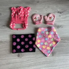 BABYGAP 子供用 ピンク 水玉 耳付きニット帽 ネックウォーマー セット