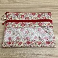 Wファスナーポーチ ハンドメイド リバティ ラミネート フェリシテ 赤