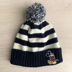 美品☆ディズニー　ミッキーマウス　ニット帽　ボンボン付き　ボーダー　キッズ　子供