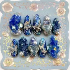 現品 ネイルチップ 青 ネイビー ニュアンス マーブル 宇宙 メタリック 銀