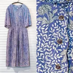 透け感　ブルー 花柄 ワンピース ボタニカル　ナチュラル　大人可愛い　レトロ