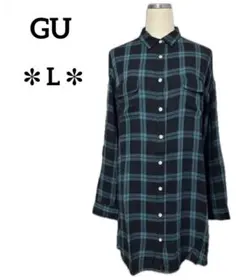 GU　チェック柄　長袖膝丈開襟ロングシャツワンピース　チュニック　水色黒　L
