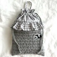 巾着袋　【パンダヌビ×グレーチェック】　女の子　給食袋　はぶらしコップひ袋　箸袋