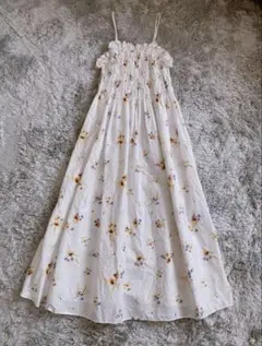 キャミワンピース シャーリングワンピ 花柄 春夏ワンピ ホワイト