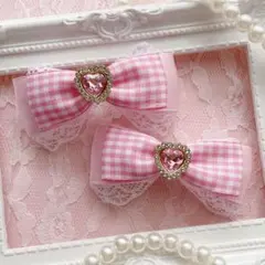 【ハートビジュー】ピンクギンガムリボン♡ヘアクリップ 量産型 地雷系