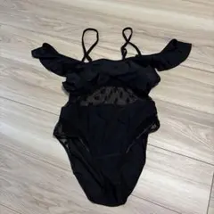 フリル付きオフショルダー ブラックワンピース水着