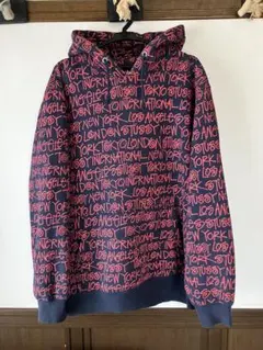 STUSSY ステューシー ワールドロゴ 総柄 プルオーバー パーカー XL