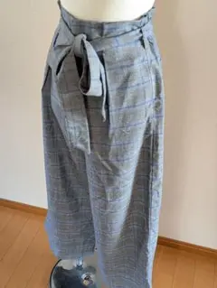 Vis リボン付きグレー チェック柄 ワイドパンツ