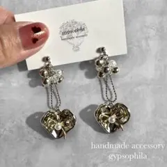 【No.220】ハンドメイドピアスイヤリング、大ぶりハート、チェーン、シルバー