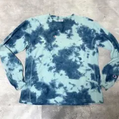 Champion リバースウィーブ タイダイ ロンT 刺繍ロゴ ブルー M