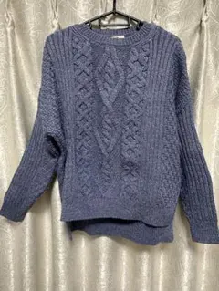 ウール100% ブルー ケーブルニットセーター 長袖