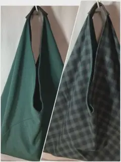 グリーン濃紺赤チェック×グリーン三角バッグリバーシブルハンドメイド８４４