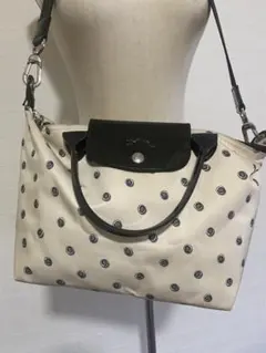 Longchamp プリアージュ　ドット柄　ベージュ✖️黒　エナメル　ショルダー