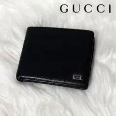 【美品】GUCCI レザー×キャンバス 二つ折り財布 型押し ロゴ ブラック