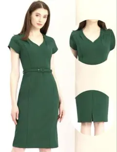 ワンピース　フォーマル　緑　スリットあり　ベルト付き　Ｖネック　結婚式　新品　S