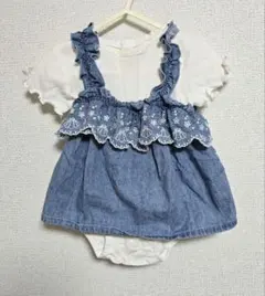 cottoli コトリ デニム 刺繍 フリル ワンピース 半袖ロンパース 80