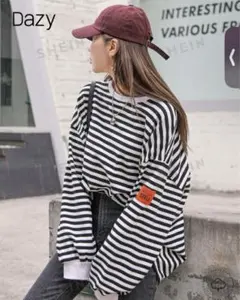 DAZY ストライプ柄 トップスレターモチーフ ドロップショルダー