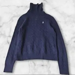 ラルフローレン スポーツ ケーブルニット ウール タートルネック長袖 紺 L