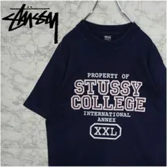 【STUSSY】USA製 黒タグ カレッジロゴ　Tシャツ　ネイビー