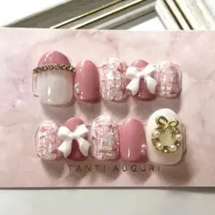 サイズオーダー ネイルチップ ピンク ツイード リボン 推し活 パール