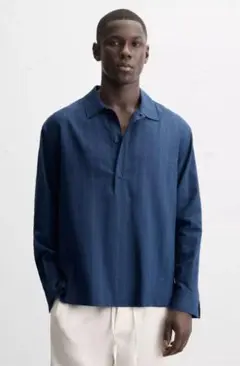 ZARA ストライプ柄ポロシャツ リネン混 ブルー ザラ　メンズ長袖シャツ新品
