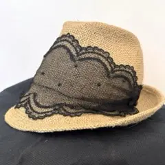 CA4LA ベージュ ハット ブラックレース ビーズ装飾 麦わら帽子