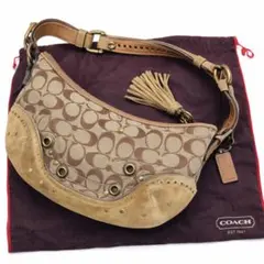 COACH 9452 ホーボーバッグ シグネチャー スエード切替 タッセル付 茶