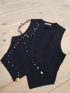 詩仙堂　ちりめん　ブラック　ベスト　ジレ