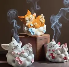 猫の香炉 置物 陶器製 花付き