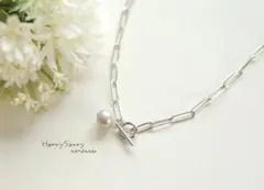 淡水パールとデザインチェーンのマンテル付きネックレス♪　シルバー