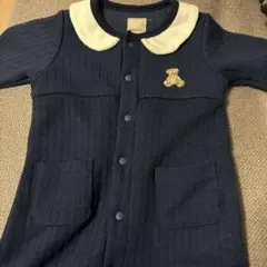 プティマイン　襟ありネイビーブルー テディベア刺繍　　ロンパース