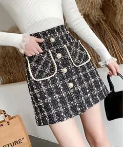 ツイードミニスカート モノクロ パール付き