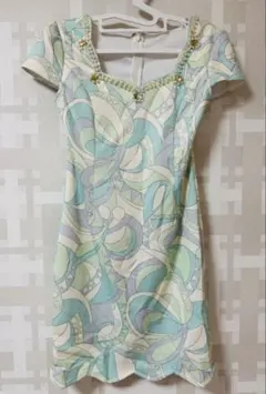 dazzy Queen ミントグリーン プッチ柄ビジュー付きワンピース