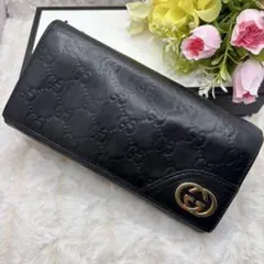 美品✨グッチ　GGパターン シマレザー　長財布　折り財布　インターロッキング　黒
