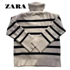 【美品】〜2L相当 ZARA タートルネックセーター ボーダー ニット 白黒