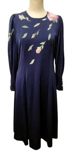 花柄刺繍 ネイビー 長袖 ワンピース