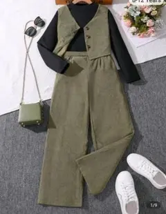 キッズ 無地 長袖モックネックベストトップ&ストレートパンツ セット、12Y