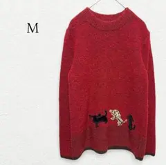 犬刺繍 ハイネックニット セーター ベロア レオパード ウール混 古着 一点物