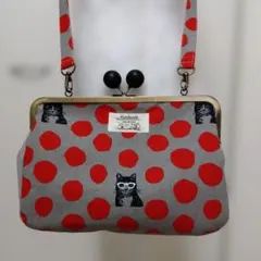 エチノ生地ドット猫柄　オリジナルハンドメイド　がま口ショルダーバッグ