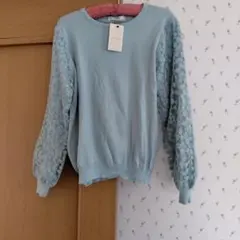 ♡grove ミントグリーン 花柄レース袖ニットL♡のサムネイル