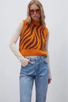 ZARAレア✴︎アニマルジャカード ニットベスト S オレンジ ブラウン