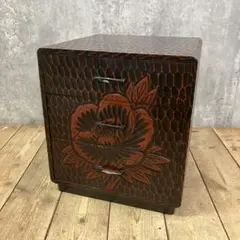 E-3 가마쿠라조 목제 3단 소 서랍 모란 문양 옻칠 쇼와 레트로 小箪笥