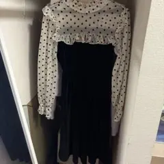 ドット柄フリルブラウスベルベットワンピース