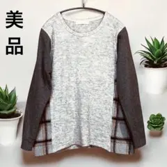 グレー 長袖Tシャツ チェック柄サイドパネル　M SIZE 美品