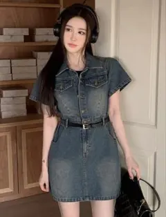 デニム半袖ミニワンピース