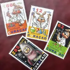 78395セール現品限　外国切手　キュラソー発行キャラクター4種揃教育福祉