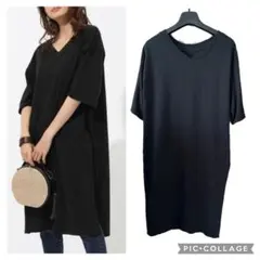 アズールバイマウジーＶネックTシャツロング黒スリット ロングカットソー　ワンピ風