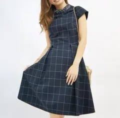 31 Sons de mode ネックビジューウエスト切替チェックワンピース