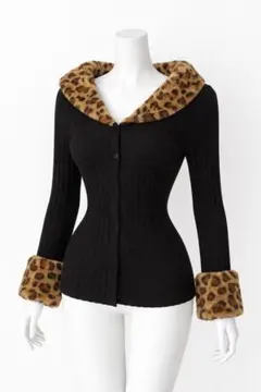 Y2K 平成 ギャル ヒョウ柄 レオパード柄ファー襟黒ニット ゎ